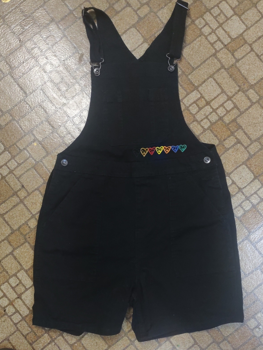 Black Women's Short Denim Overalls with Rainbow Heart Accent
